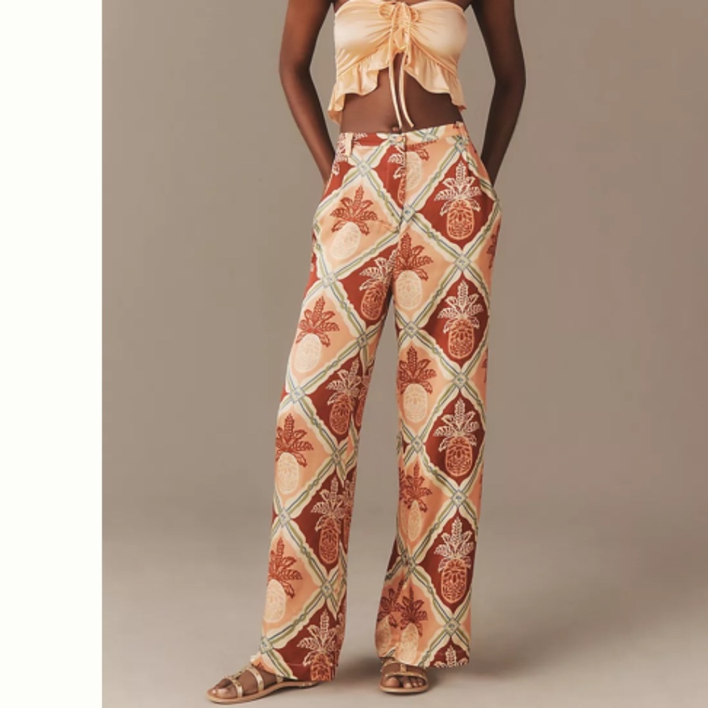 FARM Rio Pineapple Tile Print Wide-Leg Trousers in Rust & Cream
